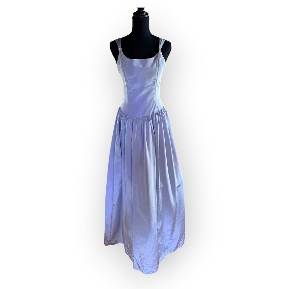Vtg 90s Jessica McClintock Gunne Sax Drop Waist Satin Lavender Maxi Dress 7/8